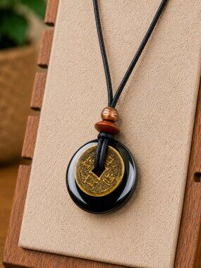 Hematite & Chinese Lucky Coin Pendant Necklace | Handmade